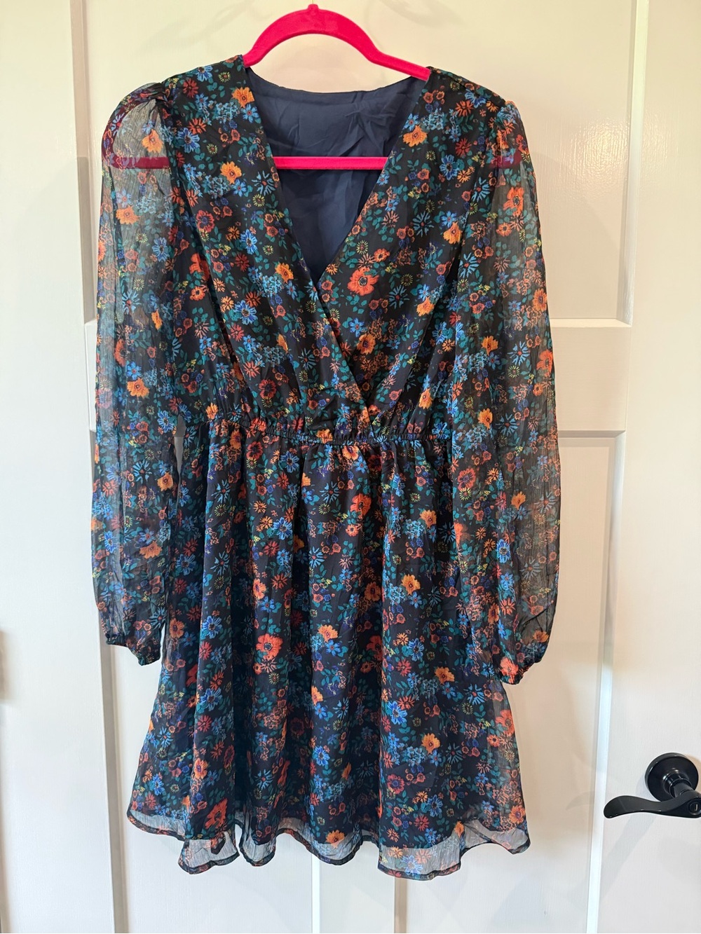 Navy Floral V‑Neck Long‑Sleeve Casual Dress